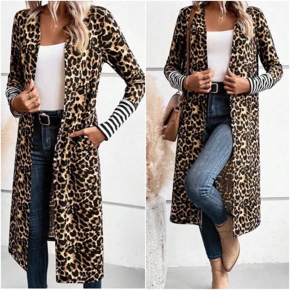 Leopard Print Pockets Open Front Long Cardigan